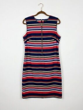 Donna Karan New York Striped Sleeveless Sheath Dress Size 14 Navy Red Nautical